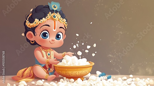 Krishna Janmashtami, Little Krishna with a pot filled with white butter	 photo