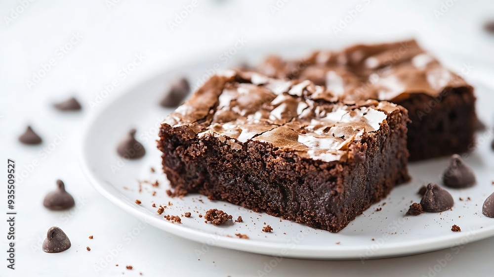Plate with piece of tasty chocolate brownie isolated on white background : Generative AI Plate with piece of tasty chocolate brownie isolated on white background : Generative AI