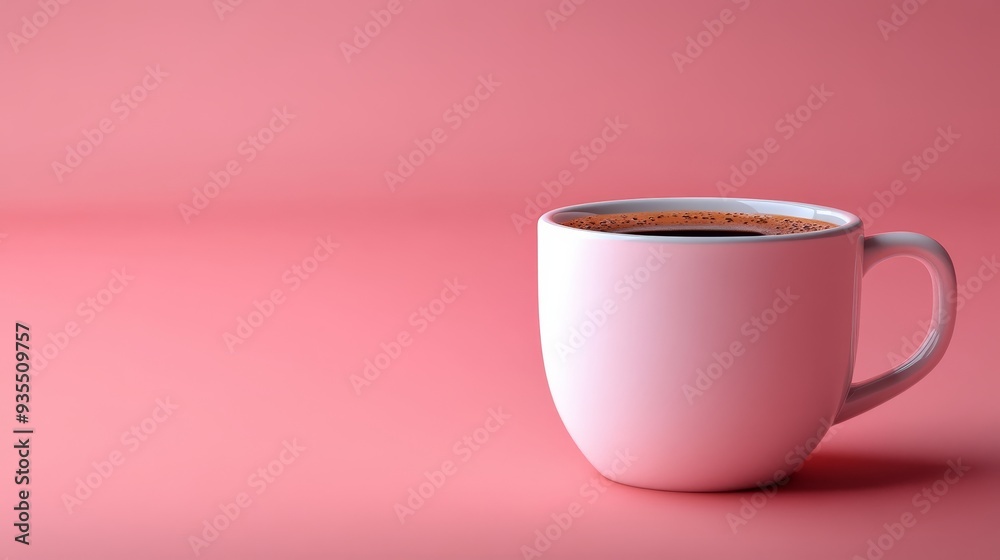 A white coffee cup sits on a pink background A white coffee cup sits on a pink background