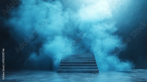 A staircase is shown in a blue haze