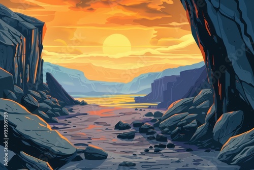 Rocky canyon landscape with river and sunset sky photo