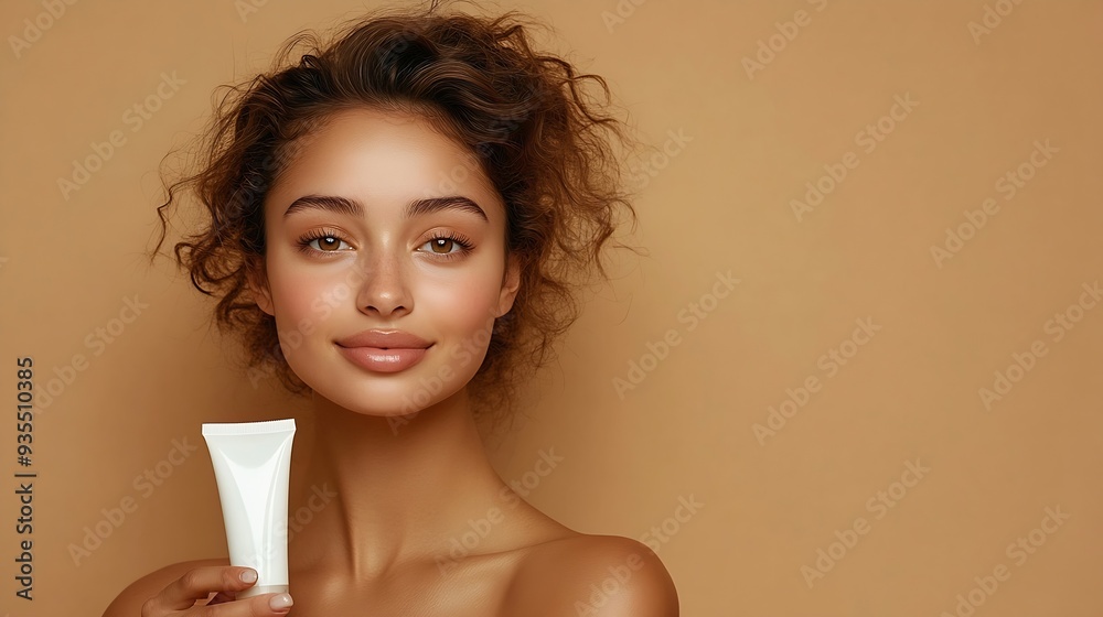 Woman with tube of hand cream on beige background closeup : Generative AI Woman with tube of hand cream on beige background closeup : Generative AI