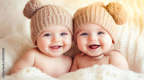Two cheerful babies in cute hats lie together on a soft blanket, enjoying a cozy moment