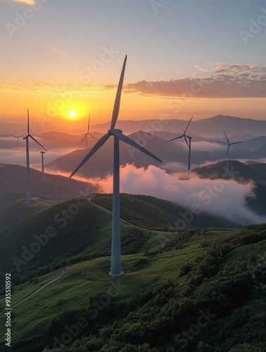 Scenic view of wind turbines at sunrise, surrounded by misty hills, showcasing renewable energy and nature's beauty.