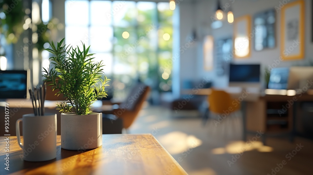 A Modern blur open space employees Workings table full furniture Still life shot of a modern wide office space : Generative AI A Modern blur open space employees Workings table full furniture Still life shot of a modern wide office space : Generative AI