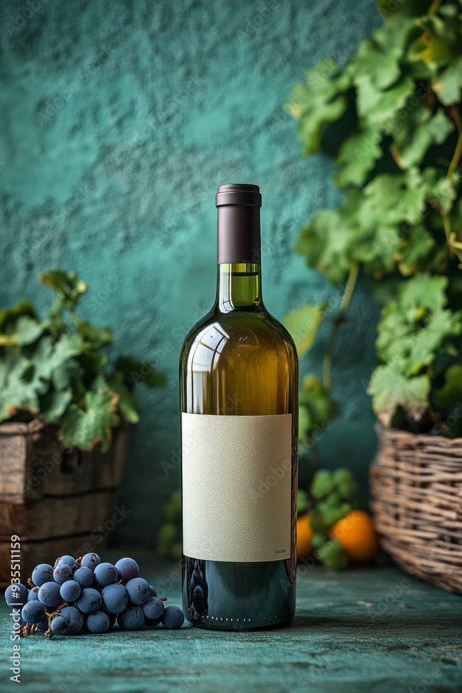 Obraz premium A wine bottle with a label, isolated on a pastel green background, representing the branding of fine wines,