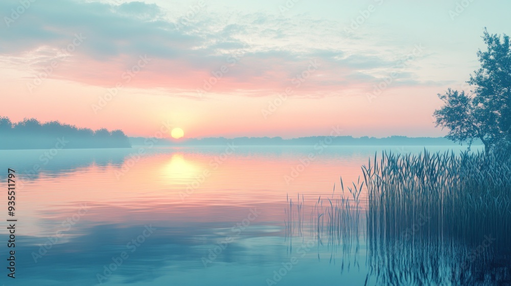 Fototapeta premium Serene lakeside at dawn, with soft colors reflecting off the water and surrounded by tranquil nature.