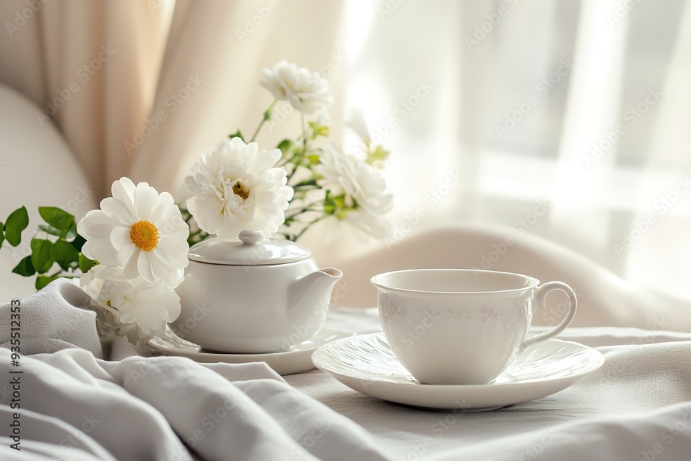 Cozy morning tea setup with white cup and flowers. Cozy morning tea setup with white cup and flowers.