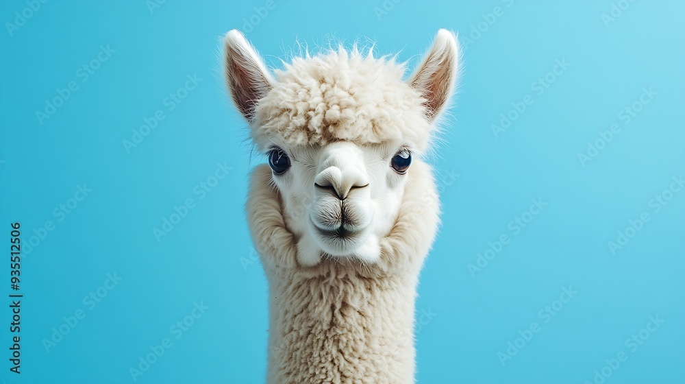 Obraz premium White alpaca on blue background : Generative AI