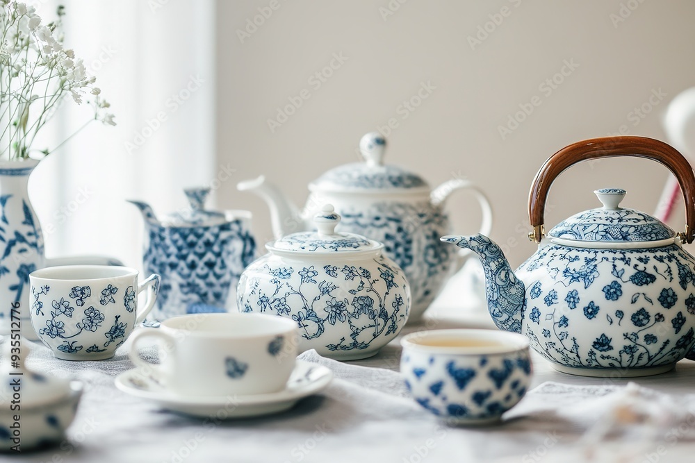 Blue and white porcelain tea set elegantly displayed on table. Blue and white porcelain tea set elegantly displayed on table.