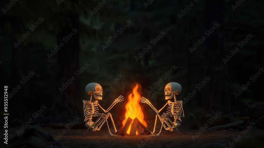 Pirate skeletons dancing around a bonfire, glowing flames, dark forest background, Watercolor style Pirate skeletons dancing around a bonfire, glowing flames, dark forest background, Watercolor style