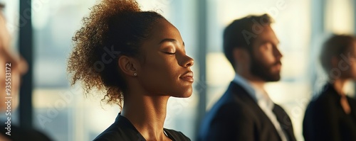 Calm employees practicing mindfulness in serene office setting