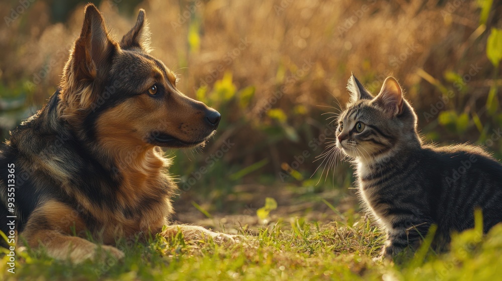 Dog and Cat in the Grass
