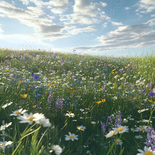 66. 3D representation of a tranquil meadow with wildflowers and a gentle breeze