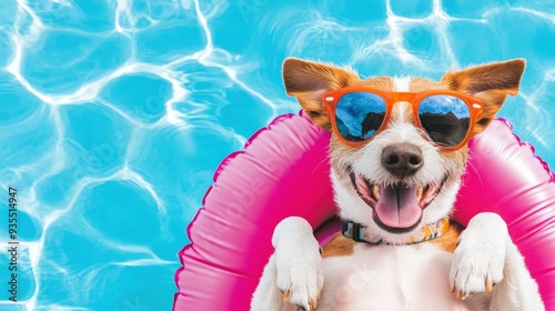 Happy dog wearing sunglasses relaxing on a pink float in a crystal-clear pool, enjoying the summer sun. Perfect for summer and vacation themes.