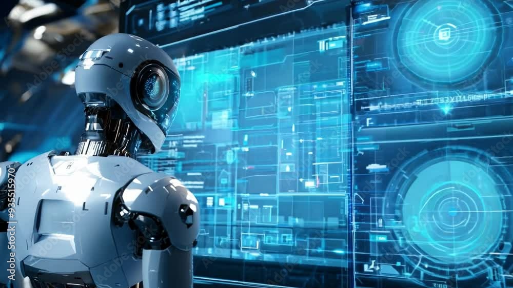 A humanoid robot observes multiple digital displays filled with data, immersed in a high-tech setting.