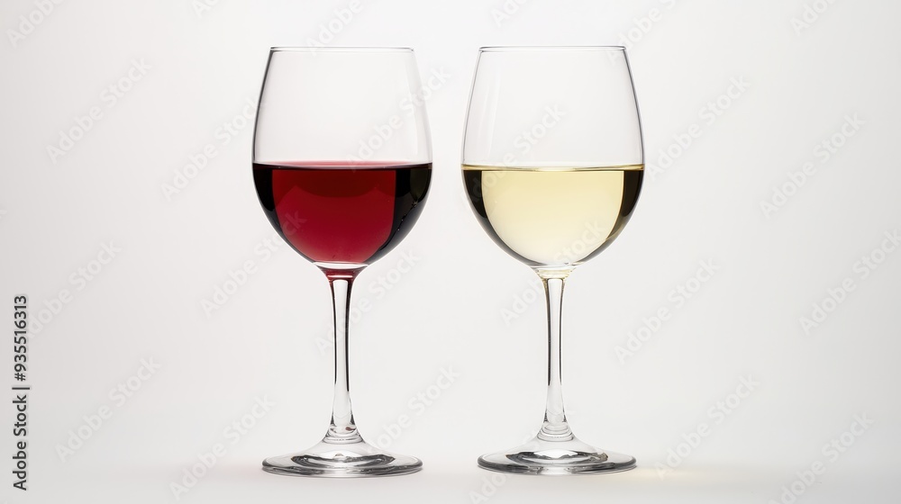 Two Wine Glasses One Filled with Red Wine and One Filled with White Wine on White Background Two Wine Glasses One Filled with Red Wine and One Filled with White Wine on White Background