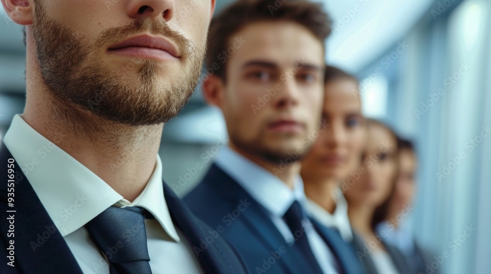 Six confident professionals in formal attire stand in a sleek modern office, focused and exuding a corporate atmosphere Six confident professionals in formal attire stand in a sleek modern office, focused and exuding a corporate atmosphere