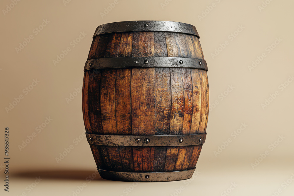 A wooden beer barrel, isolated on a soft pastel beige background, symbolizing the aging and storage of beer, A wooden beer barrel, isolated on a soft pastel beige background, symbolizing the aging and storage of beer,