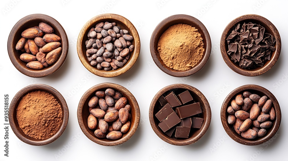 Chocolate ingredients in wooden bowls cocoa beans chocolate mass cocoa powder chocolate bars Flat lay isolated on white background : Generative AI Chocolate ingredients in wooden bowls cocoa beans chocolate mass cocoa powder chocolate bars Flat lay isolated on white background : Generative AI