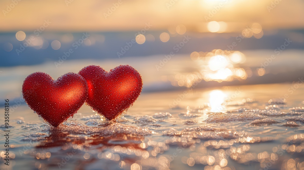 Sea background with two red hearts in the sand Sea background with two red hearts in the sand