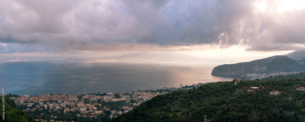 Aerial Panorama of Sorrento and Mount Vesuvius at Sunset