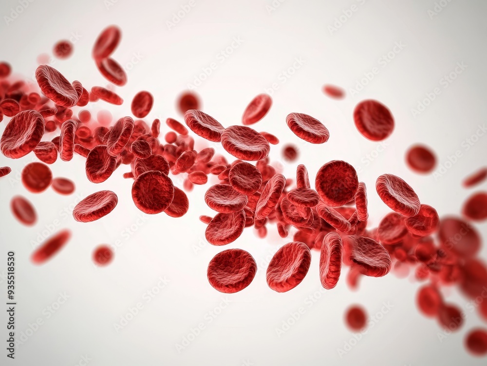 A stream of red blood cells flowing through a white background. A stream of red blood cells flowing through a white background.