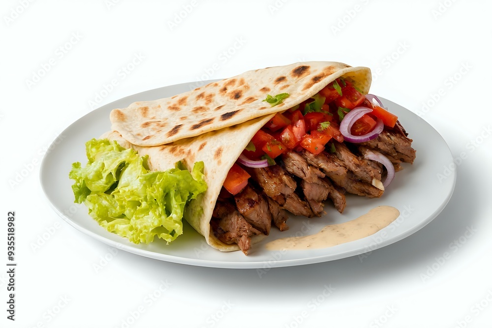 Elegant shawarma presentation on a white plate with tender meat, fresh vegetables, and garlic sauce against a clean white backdrop Elegant shawarma presentation on a white plate with tender meat, fresh vegetables, and garlic sauce against a clean white backdrop