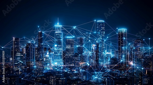 Wallpaper Mural Glowing digital cityscape with a network of lights and lines connecting skyscrapers, night view, copy space for text, Torontodigital.ca