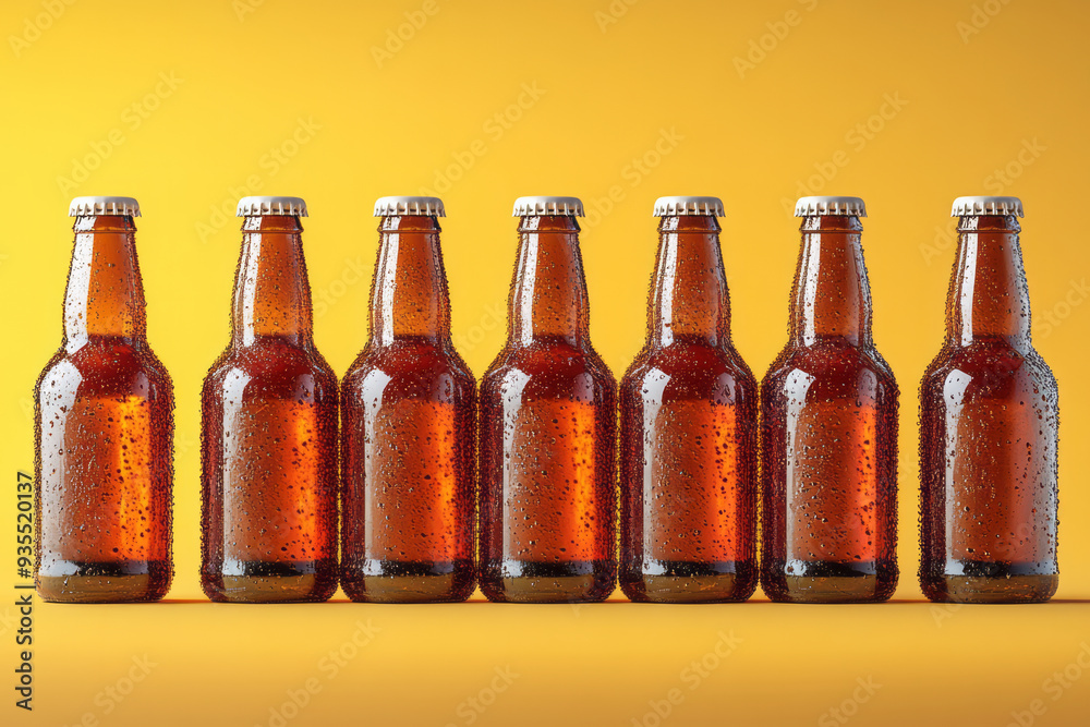 A collection of empty beer bottles, isolated on a pastel yellow background, representing the bottling process, A collection of empty beer bottles, isolated on a pastel yellow background, representing the bottling process,
