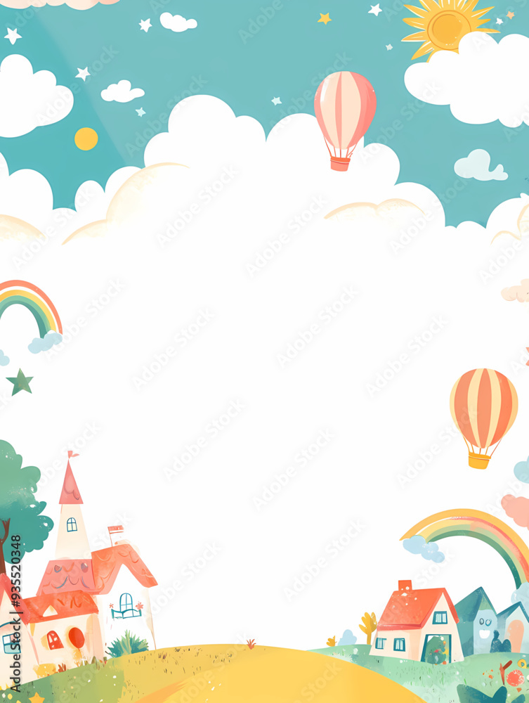 Cheerful Children's Illustration with Rainbow, Smiling Clouds, and Suns, Featuring Colorful Flags and Stars with a Large Blank Space for Text, Perfect for Kids' Content Cheerful Children's Illustration with Rainbow, Smiling Clouds, and Suns, Featuring Colorful Flags and Stars with a Large Blank Space for Text, Perfect for Kids' Content