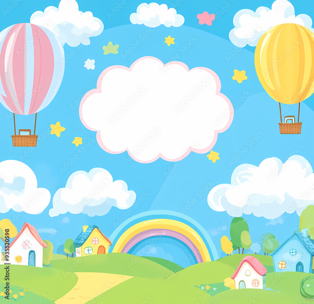 cheerful children's illustration with hot air balloons, clouds, sun featuring bright colors, quaint houses, and a large blank space in the middle for text. perfect for invitations or announcements