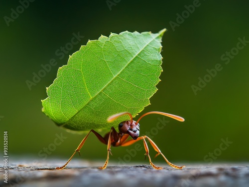 A red ant carries a large green leaf, showcasing the strength and determination of nature's tiny workers.