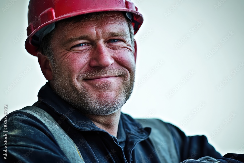 Fototapeta premium A confident middle-aged construction worker wearing a helmet and work clothes radiates positivity isolated against a bright white background, showing pride and dedication to his craft 