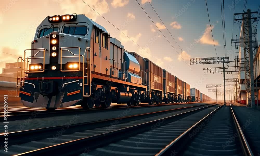 freight train passing through a logistics hub, showcasing the role of rail transport in moving goods across continents. freight train passing through a logistics hub, showcasing the role of rail transport in moving goods across continents.