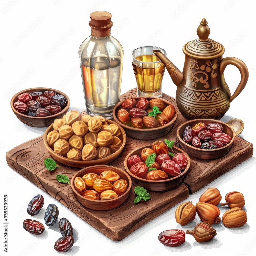 Cartoon 3D traditional Ramadan iftar meal with dates and water Isolated white background Cartoon 3D traditional Ramadan iftar meal with dates and water Isolated white background