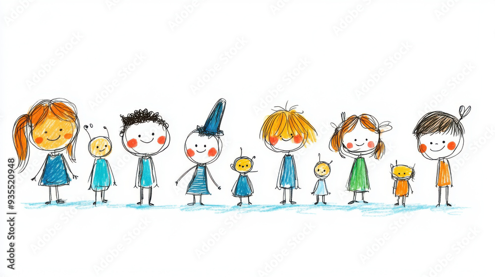 A whimsical, hand-drawn stick figure family of eight with colorful outfits, standing in a row on a white background. A whimsical, hand-drawn stick figure family of eight with colorful outfits, standing in a row on a white background.