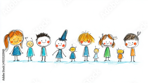 A whimsical, hand-drawn stick figure family of eight with colorful outfits, standing in a row on a white background.