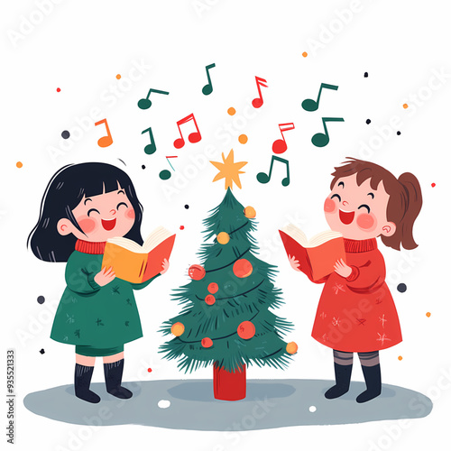 Festive Christmas Illustration of Children Singing Carols with Winter Clothing, Snowflakes, and a Christmas Tree, Capturing the Joyful Spirit of the Holiday Season