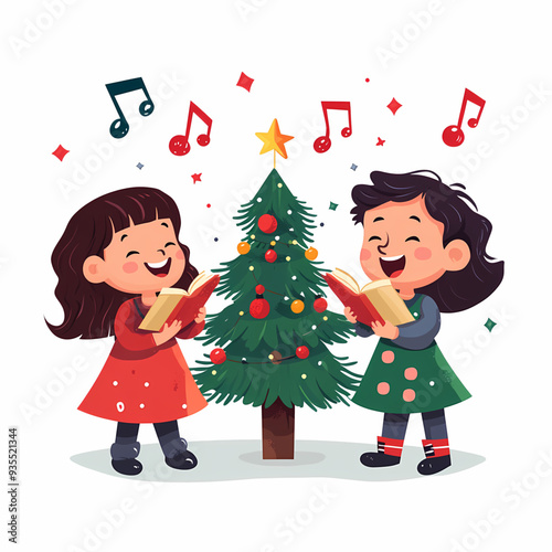 Festive Christmas Illustration of Children Singing Carols with Winter Clothing, Snowflakes, and a Christmas Tree, Capturing the Joyful Spirit of the Holiday Season