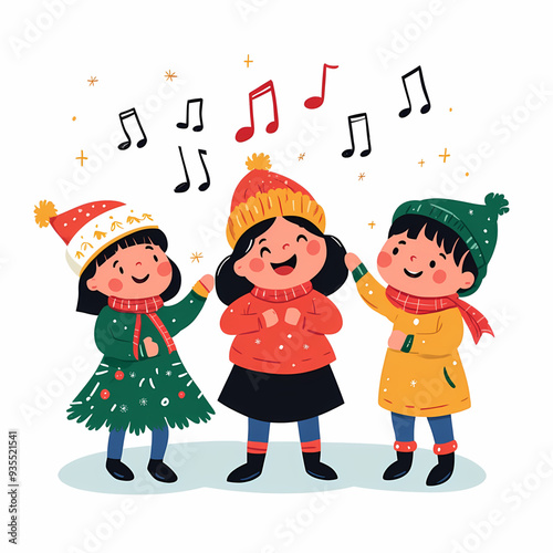 Festive Christmas Illustration of Children Singing Carols with Winter Clothing, Snowflakes - Capturing the Joyful Spirit of the Holiday Season