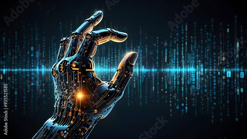 a robot hand connected of binary code the digital bond AI and humanity data pathways and futuristic technology 