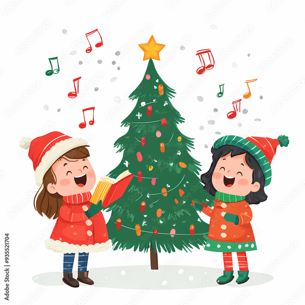 Festive Christmas Illustration of Children Singing Carols with Winter Clothing, Snowflakes, and a Christmas Tree, Capturing the Joyful Spirit of the Holiday Season Festive Christmas Illustration of Children Singing Carols with Winter Clothing, Snowflakes, and a Christmas Tree, Capturing the Joyful Spirit of the Holiday Season