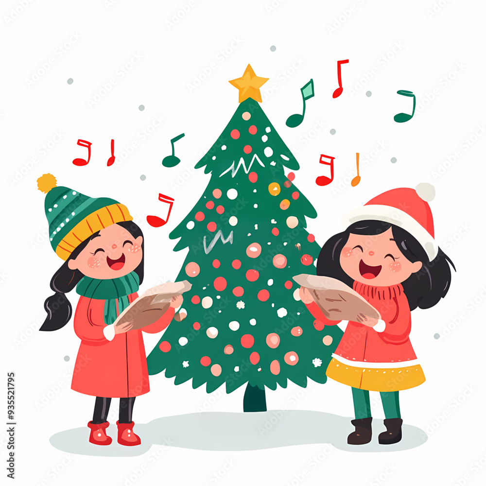 Festive Christmas Illustration of Children Singing Carols with Winter Clothing, Snowflakes, and a Christmas Tree, Capturing the Joyful Spirit of the Holiday Season Festive Christmas Illustration of Children Singing Carols with Winter Clothing, Snowflakes, and a Christmas Tree, Capturing the Joyful Spirit of the Holiday Season