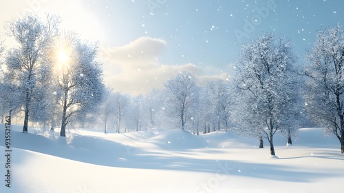 61. Stunning 3D render of a peaceful winter landscape with snow-covered trees and a soft snowfall, set against a pristine background