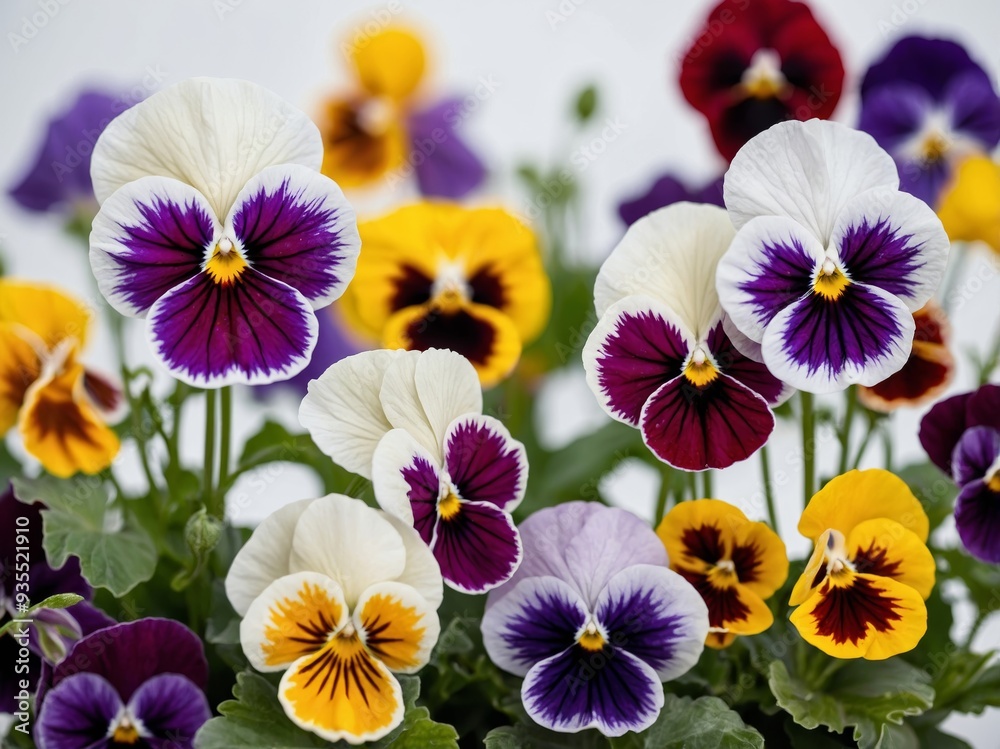 A vibrant arrangement of multicolored pansy flowers in full bloom