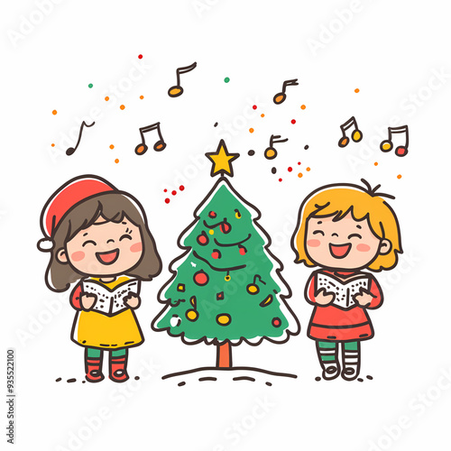 Festive Christmas Illustration of Children Singing Carols with Winter Clothing, Snowflakes, and a Christmas Tree, Capturing the Joyful Spirit of the Holiday Season