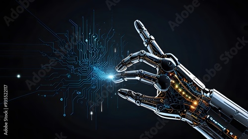 a robot hand with digital code web of data and circuitry emphasizing the cutting edge nature of AI and machine learning