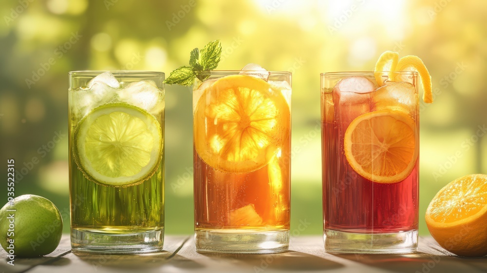 Three colorful, refreshing fruit beverages garnished with fresh herbs in a sunlit setting Three colorful, refreshing fruit beverages garnished with fresh herbs in a sunlit setting