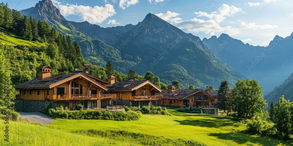 Mountain cabins nestled in a green valley. Mountain cabins nestled in a green valley.